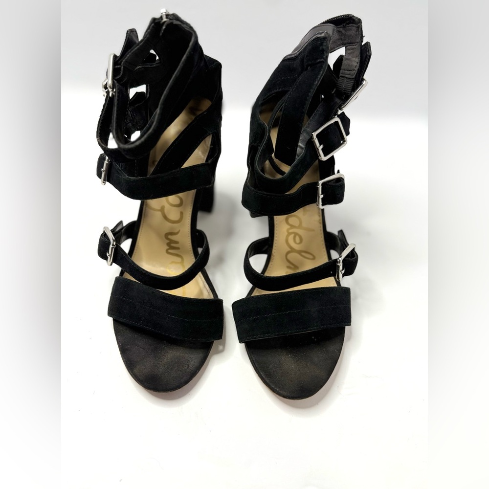 Sam Edelman Black Strappy Suede Sandals Chunky Heel Size 9.5